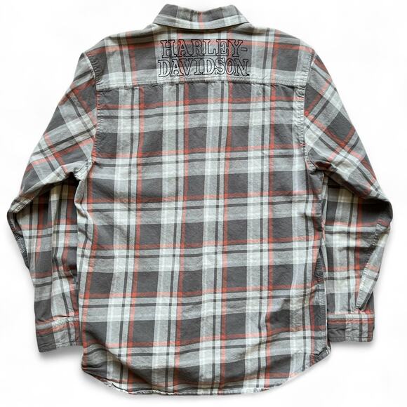 Lightweight Harley Davidson Embroidered Plaid Flannel Shirt Button Gray Orange - Picture 5 of 11